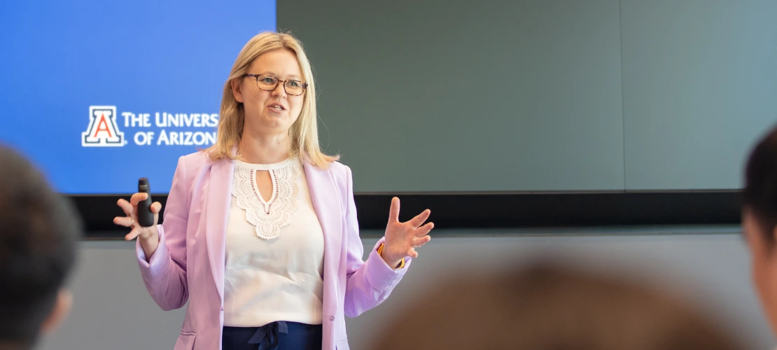 Anastaiya Ghosh, Eller College of Management, Associate Dean, Partnerships, speaking at the AZ Healthcare Delegation.