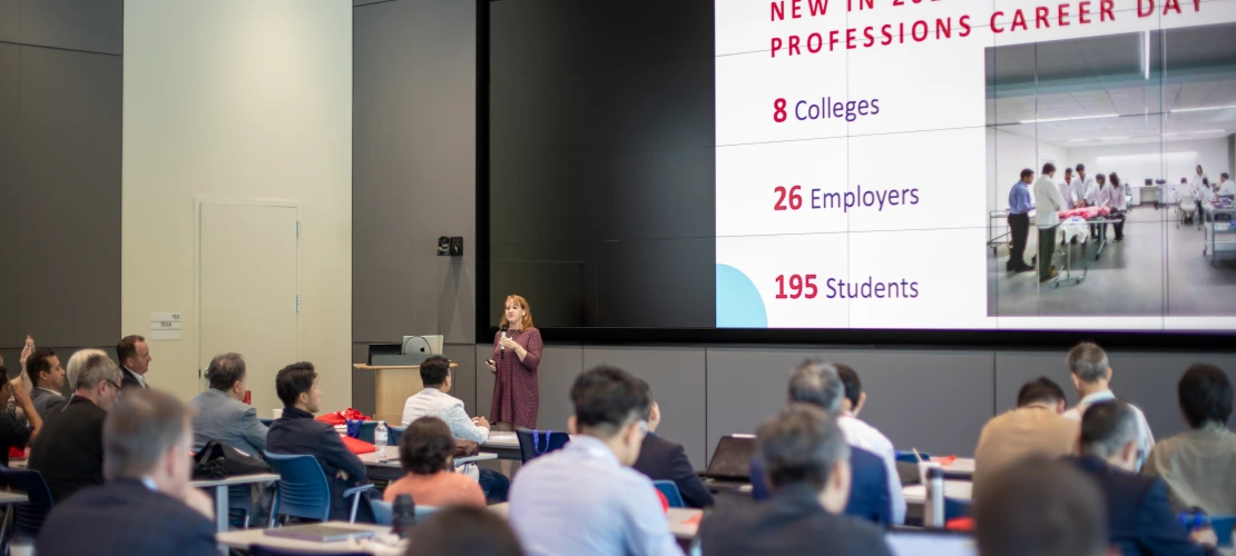 Emily McCarthy, Interim Executive Director, Student Engagement and Career Development, speaking at the AZ Healthcare Delegation.