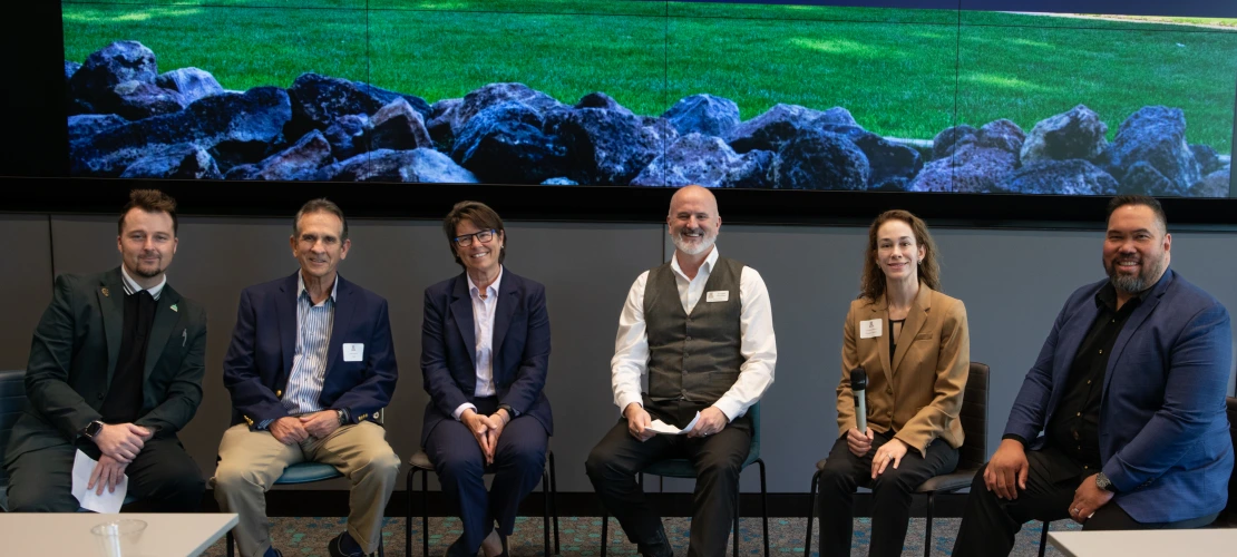 Panelists, Heath Scov-Vichiordi (far left), Jill German (third from left tissue diagnostics), Doug Hockstad (middle with vest), Juan Cardenas (second from left) Courtney Williams (second from right), Romano Tanondong (far right). 