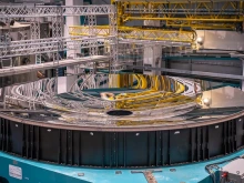 With a highly reflective, silvery surface, the Rubin Observatory's main mirror acts both as its primary and tertiary light-collecting surface. 